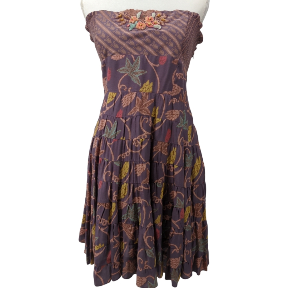 Free People Anthropologie Embellished Boho Strapless Smocked Dress size 12